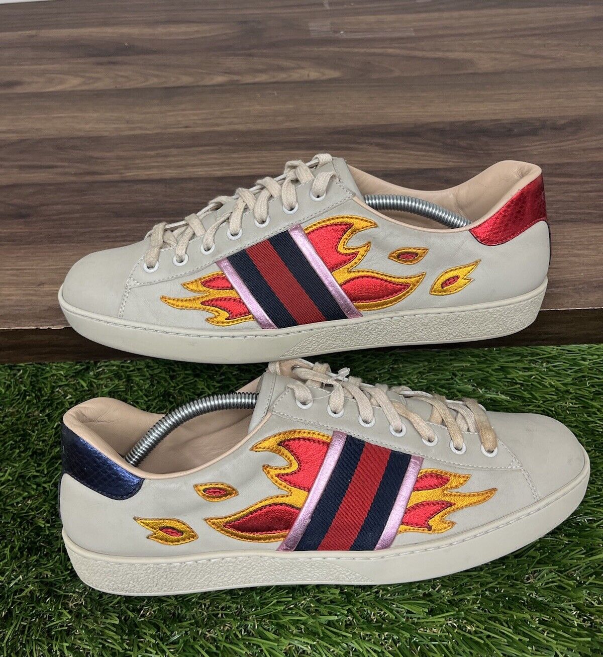 Size 10 G (11 US) - Gucci Ace Fire Flame Sneaker Beige Leather | GOOD CONDITION