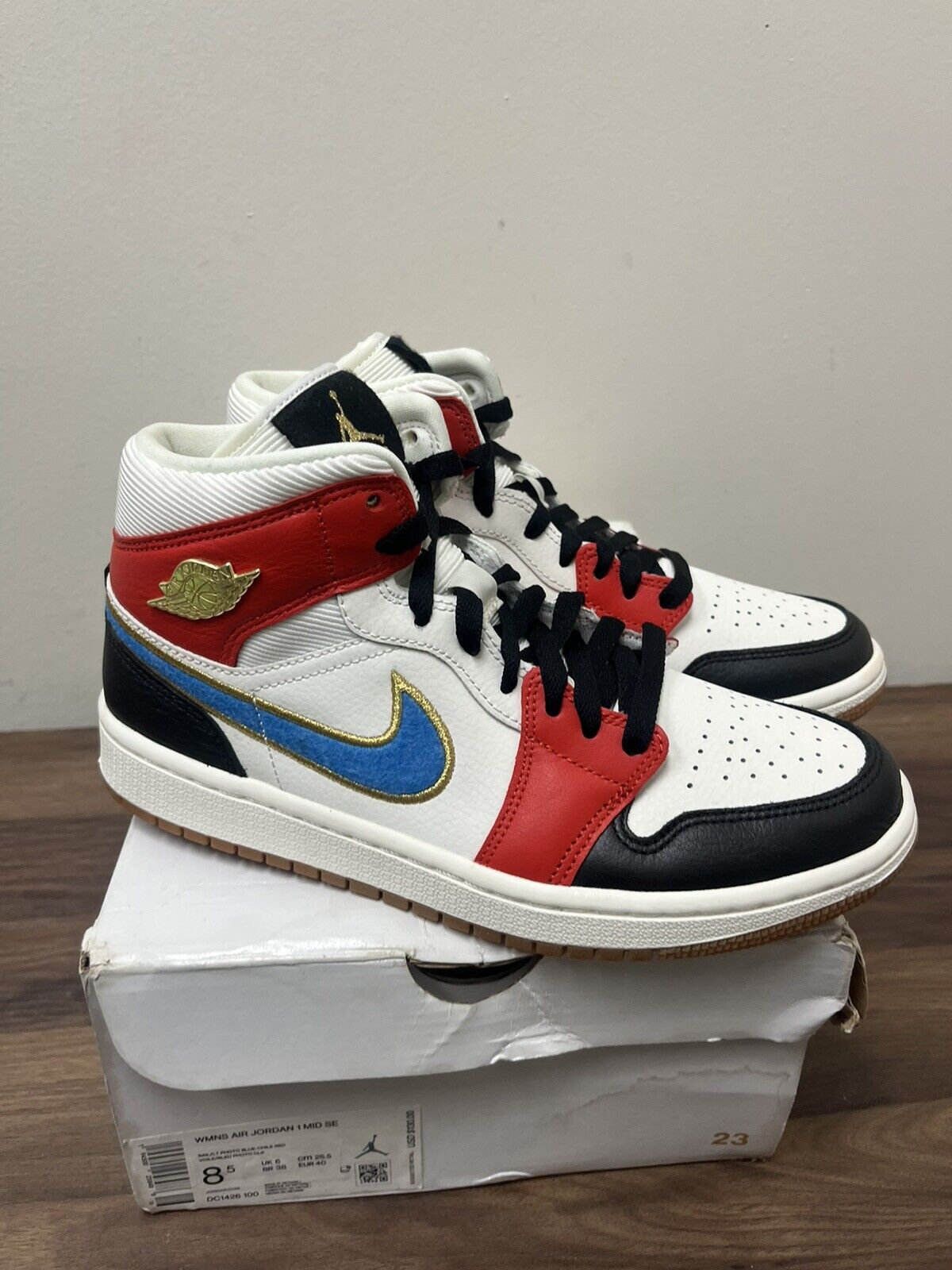 Size 8.5 - Jordan 1 Mid Black/Gym Red/Metallic Gold/Sail