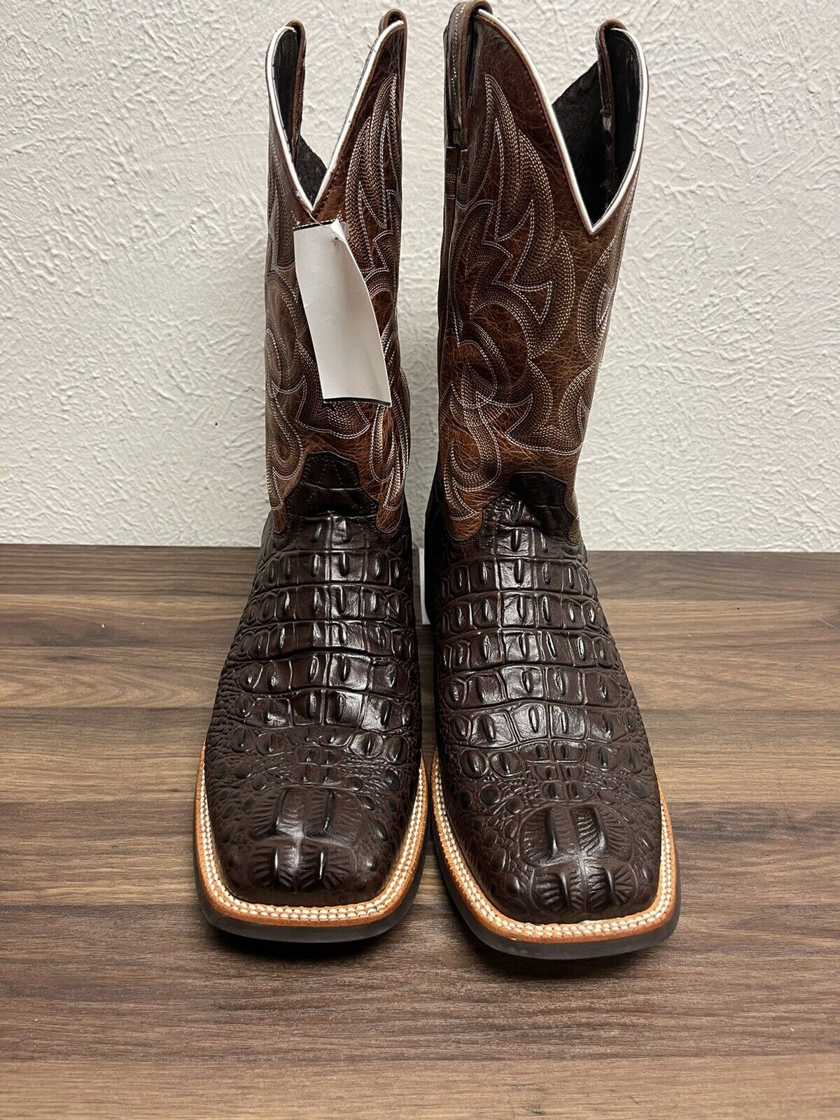 Cavenders  Chocolate Hornback Alligator Print Wide Square Toe Cowboy Boots 13EE