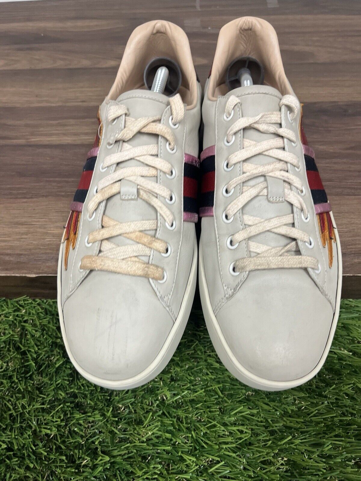 Size 10 G (11 US) - Gucci Ace Fire Flame Sneaker Beige Leather | GOOD CONDITION