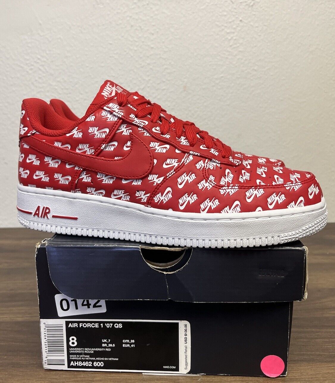 Size 8 - Nike Air Force 1 07 QS Low All Over Logo Red A142