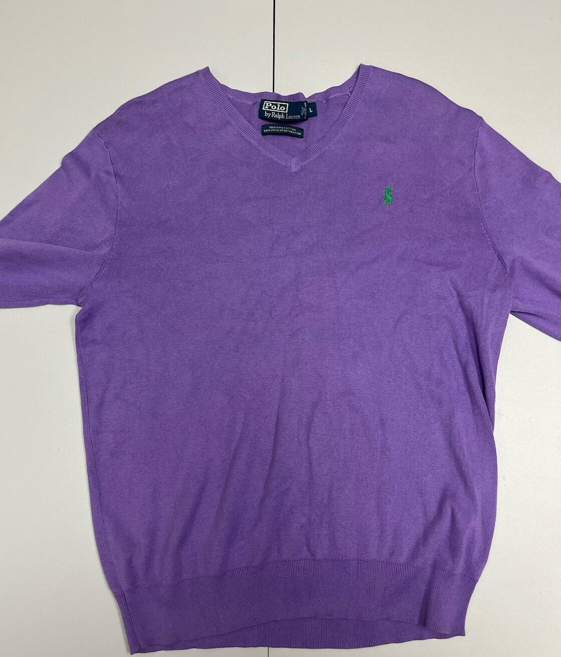 Polo Ralph Lauren Pima Cotton V- Neck Sweater Mens Size L Purple Long Sleeve