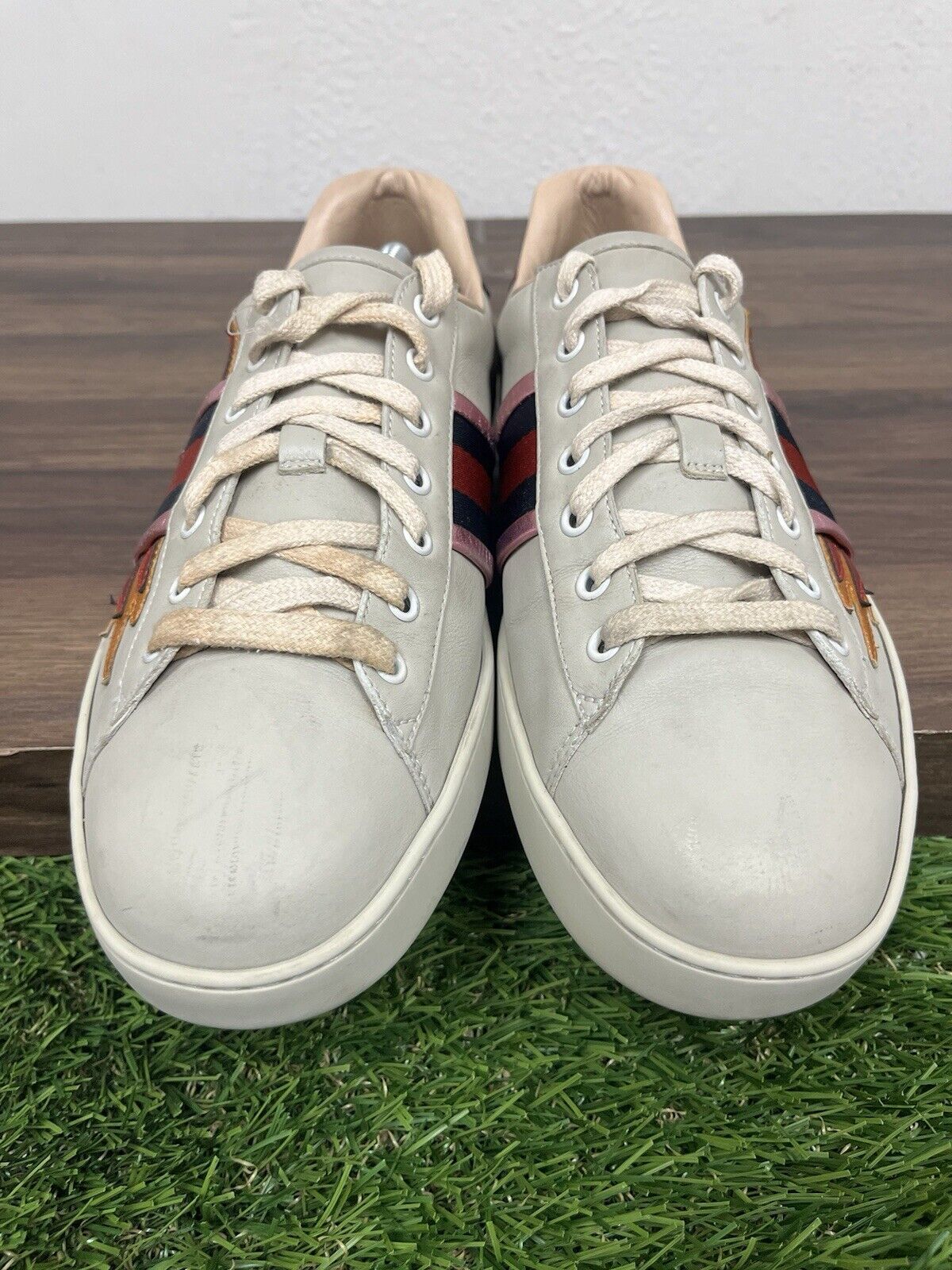 Size 10 G (11 US) - Gucci Ace Fire Flame Sneaker Beige Leather | GOOD CONDITION