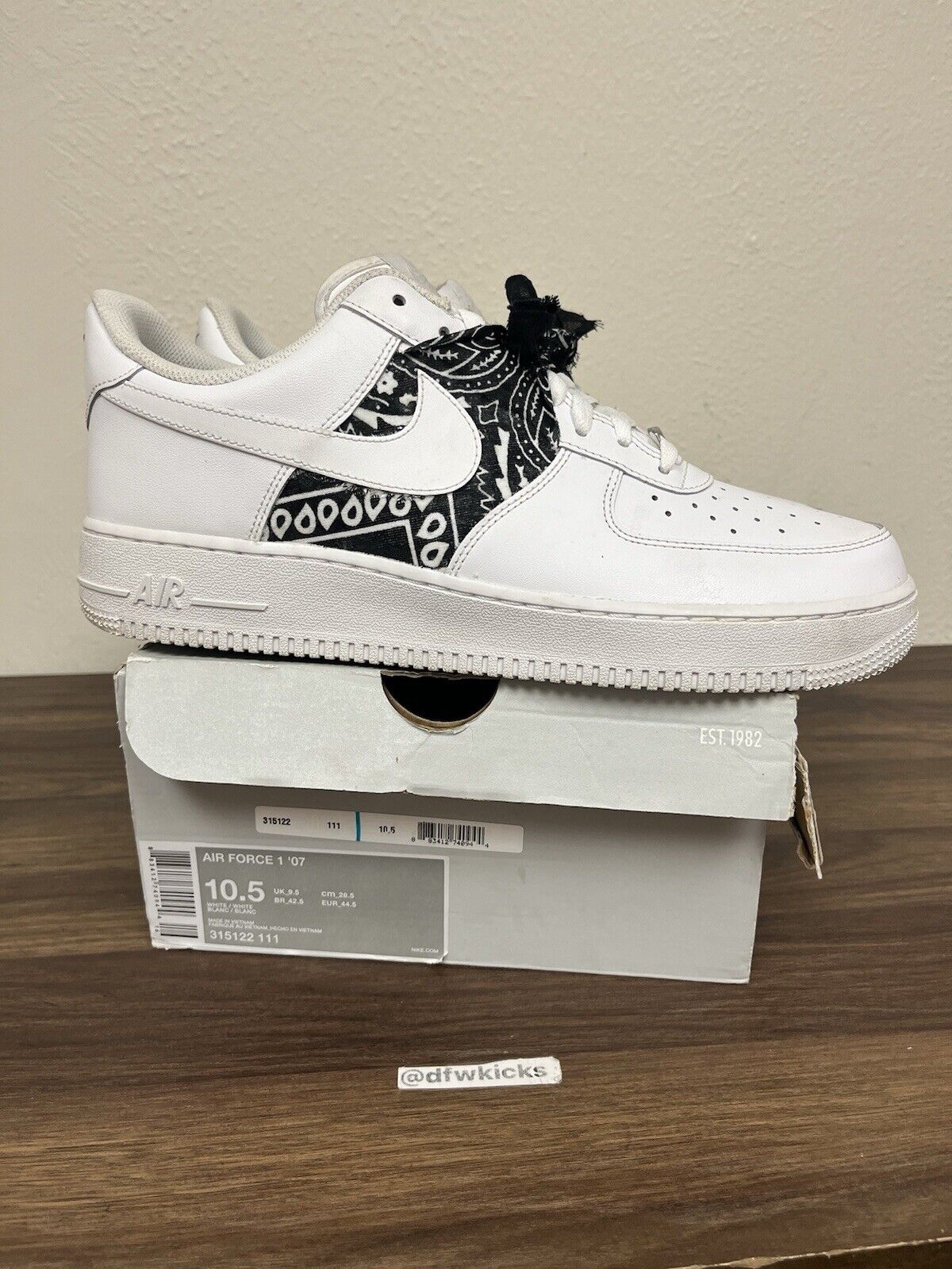 Size 10.5 - Nike Air Force 1 Low '07 White  ( Bandana CUSTOM)