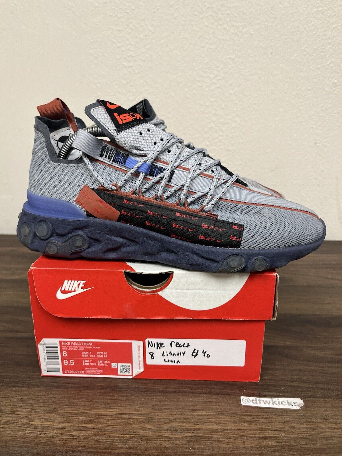 Size 8  - Nike React WR ISPA Wolf Grey