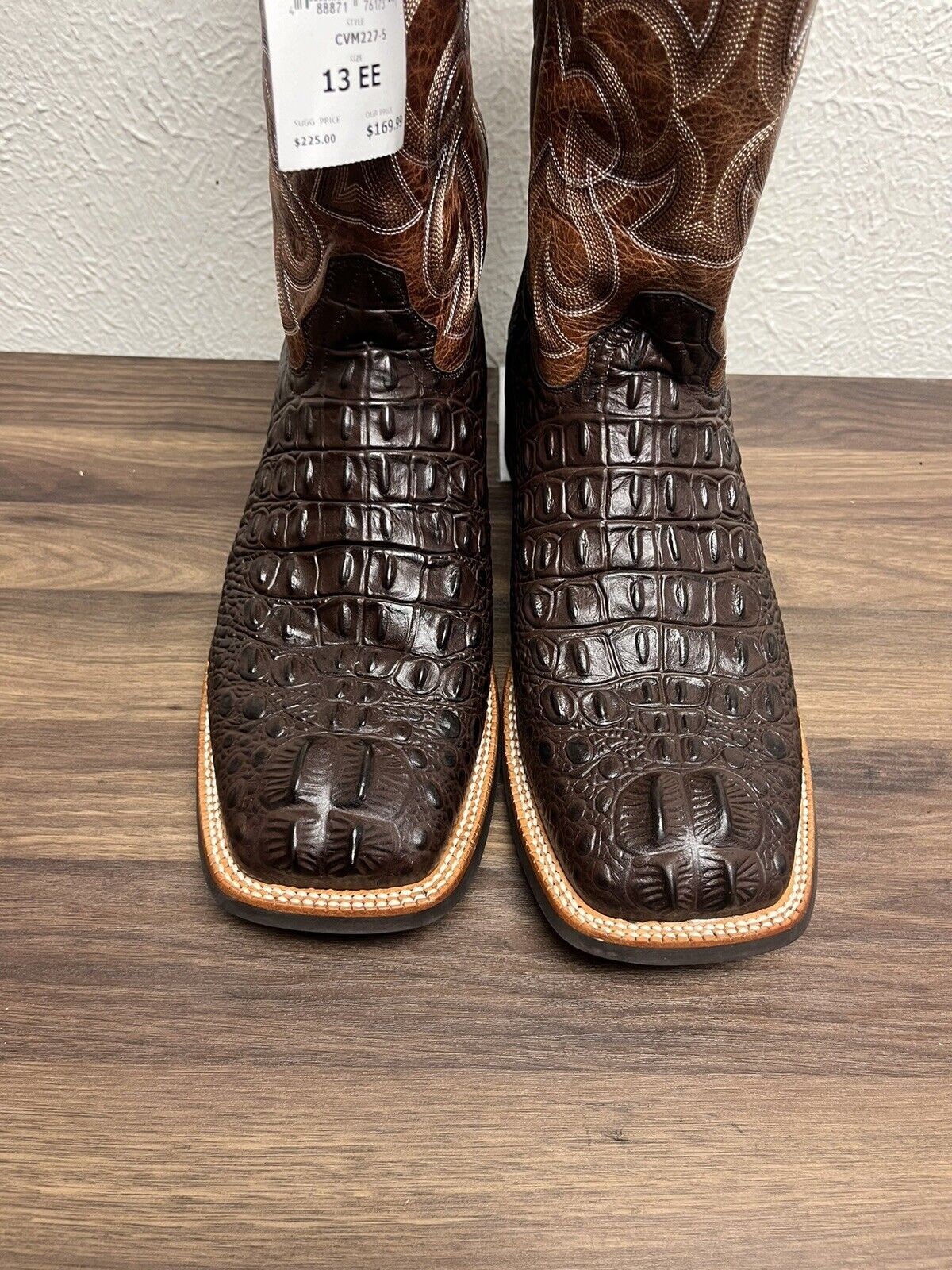 Cavenders  Chocolate Hornback Alligator Print Wide Square Toe Cowboy Boots 13EE